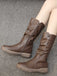 This Brown Leather Stacked Pleated Flat Boots whispers vintage secrets to those who notice