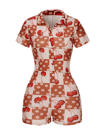 She finds her 1950s story in this Brown & Red 1950s Cherry Checkerboard Lapel Romper