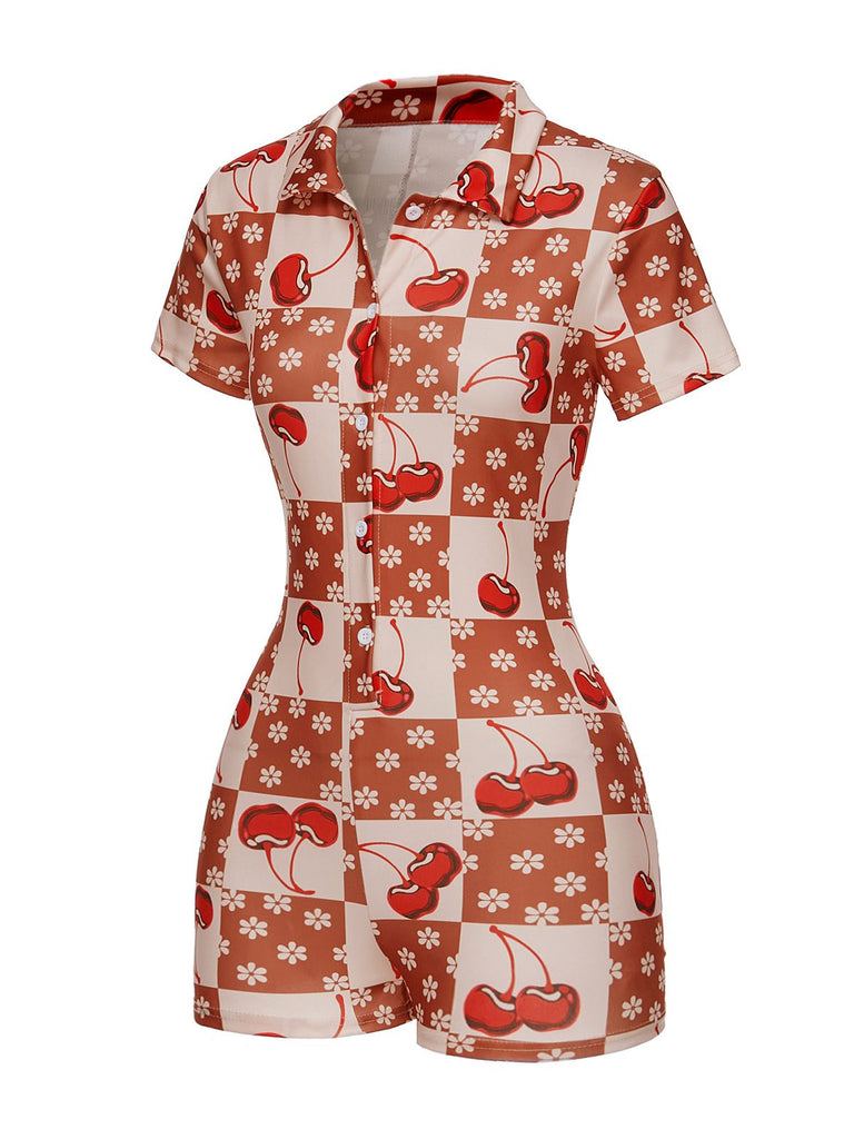 Brown & Red 1950s Cherry Checkerboard Lapel Romper: timeless 1950s elegance she makes her own
