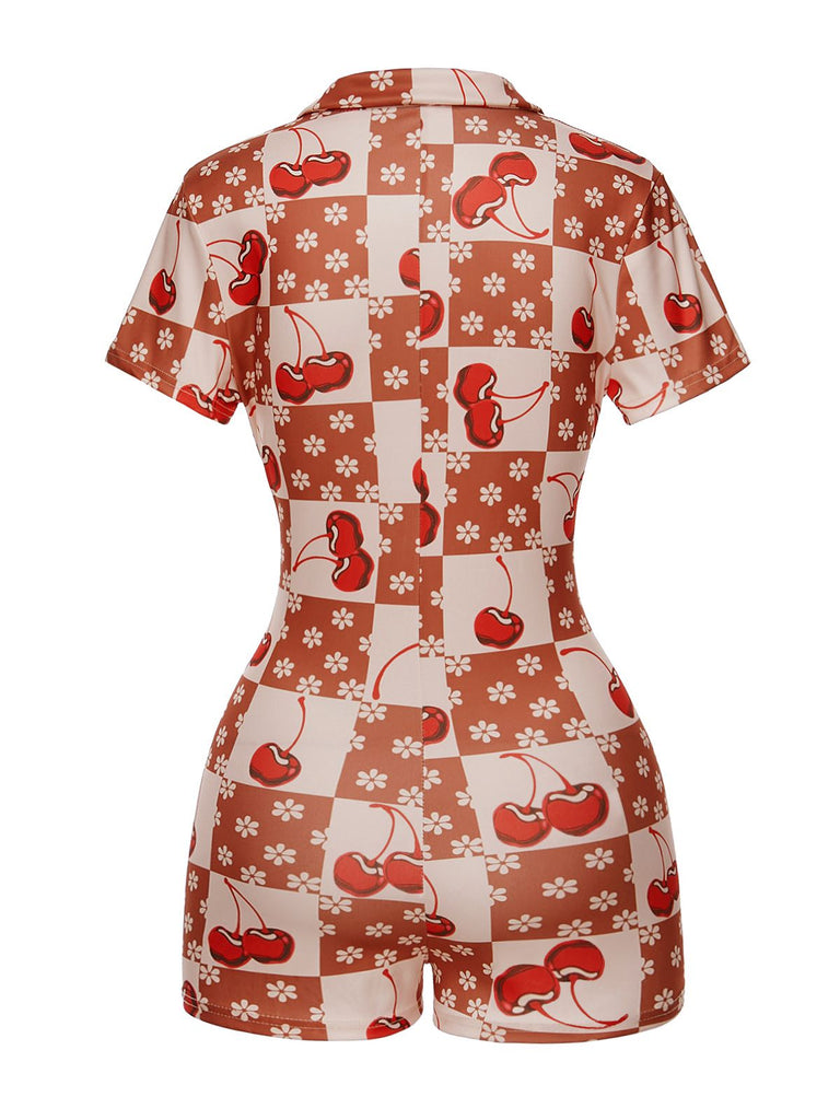 This Brown & Red 1950s Cherry Checkerboard Lapel Romper whispers 1950s secrets to those who notice