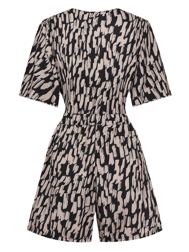 Brown 1940s V-Neck Leopard Satin Bind Romper