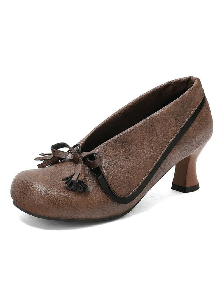 Retro Bow PU Round-Toe Chunky Heel Shoes