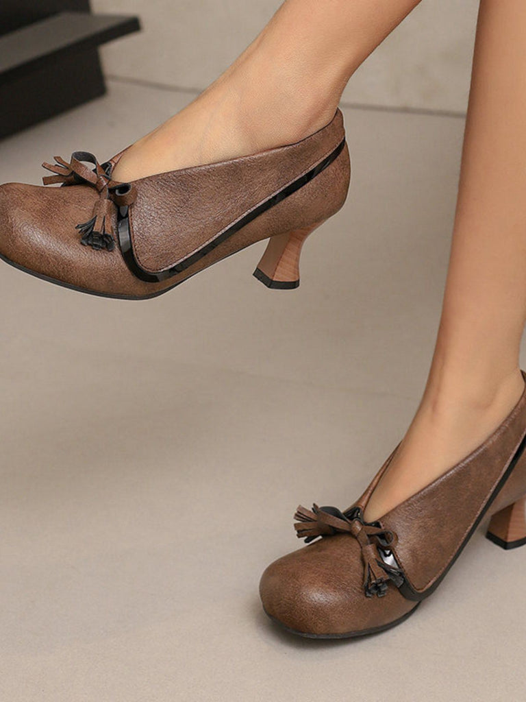 Retro Bow PU Round-Toe Chunky Heel Shoes