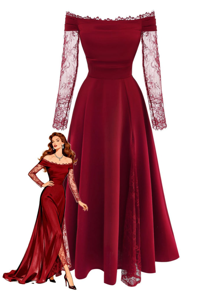 Burgundy 1930s Off-Shoulder Lace Long Sleeves Dress - vintage dress, retro fashion