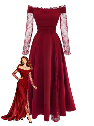 Burgundy 1930s Off-Shoulder Lace Long Sleeves Dress - vintage dress, retro fashion