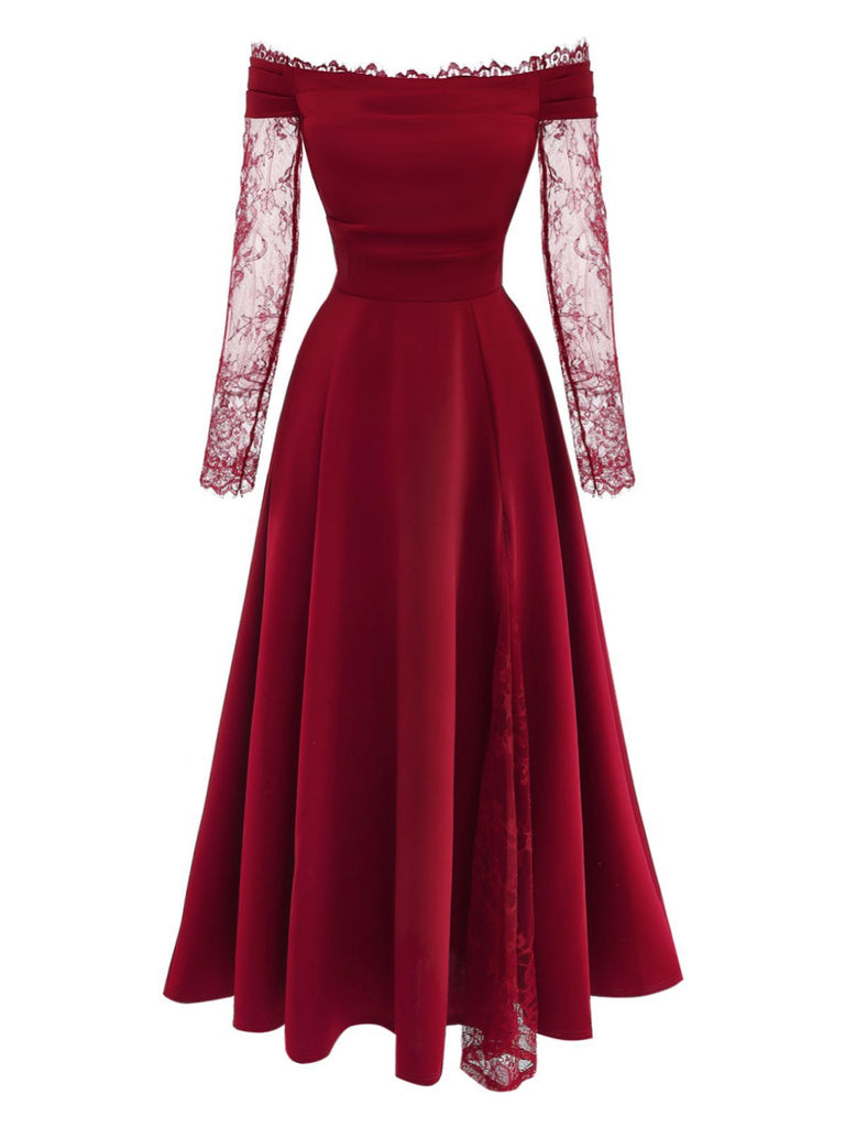 Burgundy 1930s Off-Shoulder Lace Long Sleeves Dress - vintage dress, retro fashion
