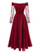 Burgundy 1930s Off-Shoulder Lace Long Sleeves Dress - vintage dress, retro fashion