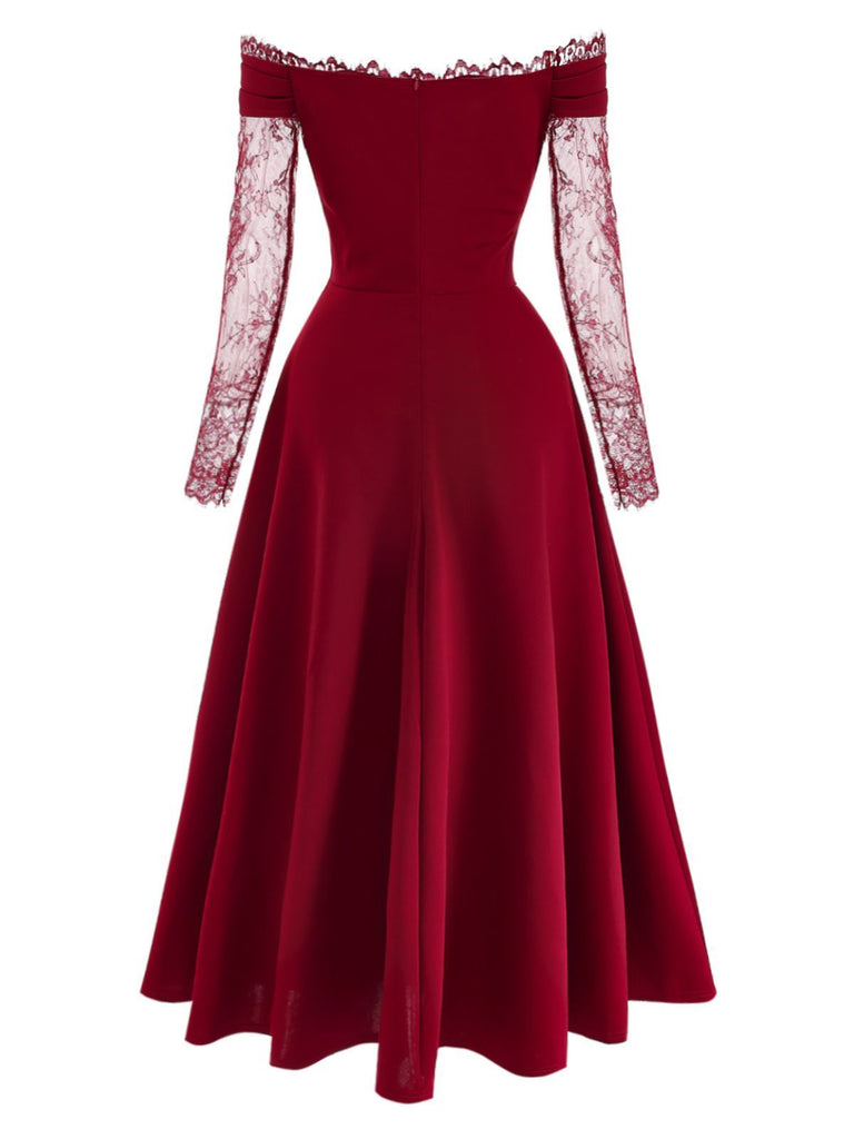 Burgundy 1930s Off-Shoulder Lace Long Sleeves Dress - vintage dress, retro fashion