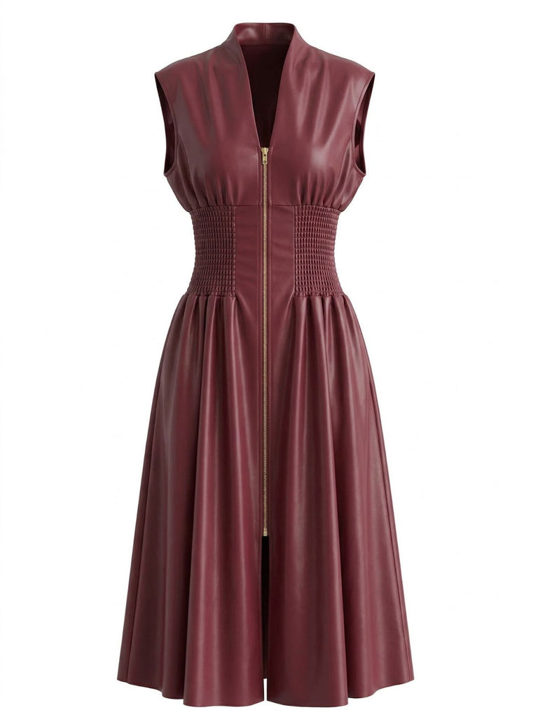 Burgundy 1940s Faux Leather Cap Sleeve Waisted Dress: beautiful vintage dress, retro fashion, elegant style with timeless appeal