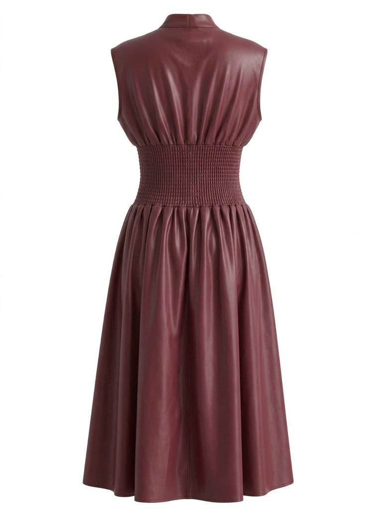 Burgundy 1940s Faux Leather Cap Sleeve Waisted Dress | vintage dress, retro fashion, elegant style - perfect for retro fashion enthusiasts