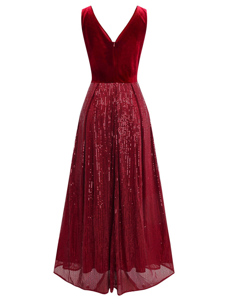 Burgundy 1950s Velvet Sequin V-Neck Maxi Dress - vintage dress, retro fashion, rockabilly