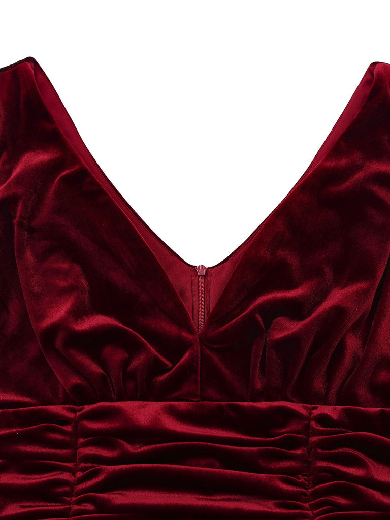 Burgundy 1950s Velvet Sequin V-Neck Maxi Dress - vintage dress, retro fashion, rockabilly