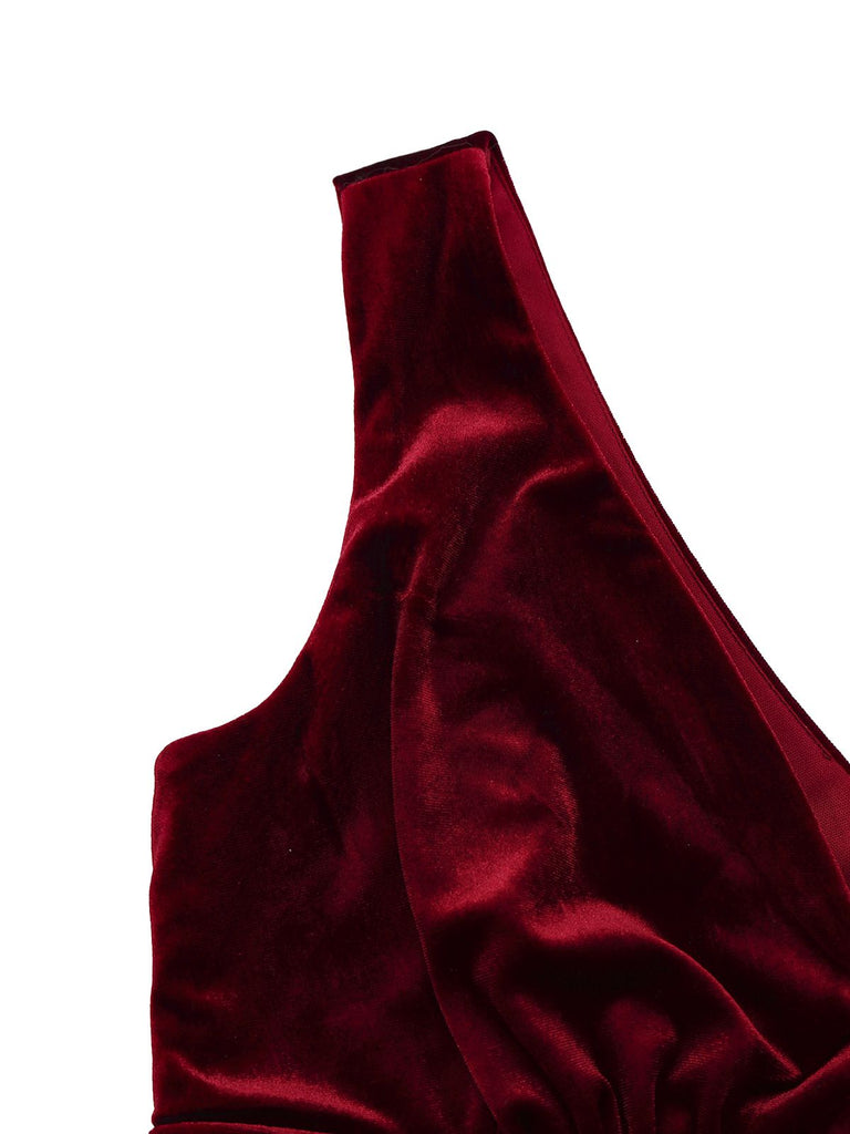 Burgundy 1950s Velvet Sequin V-Neck Maxi Dress - vintage dress, retro fashion, rockabilly
