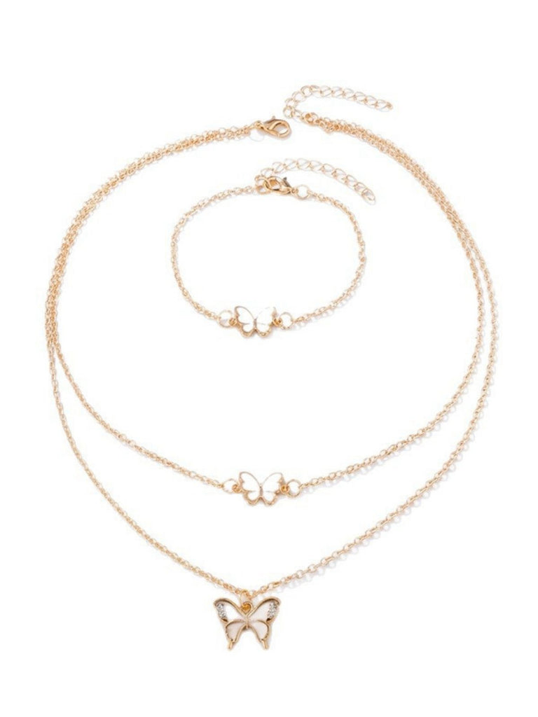 Butterfly Rhinestones Chain Necklace & Bracelet & Earrings - vintage fashion, retro style