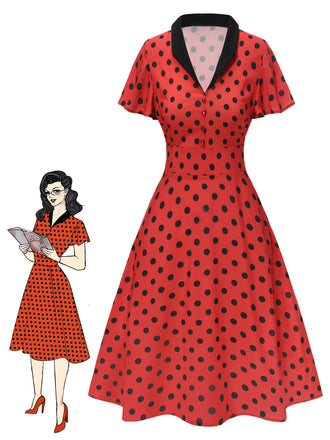 Deep Red 1950s V-Neck Polka Dots Lapel Dress