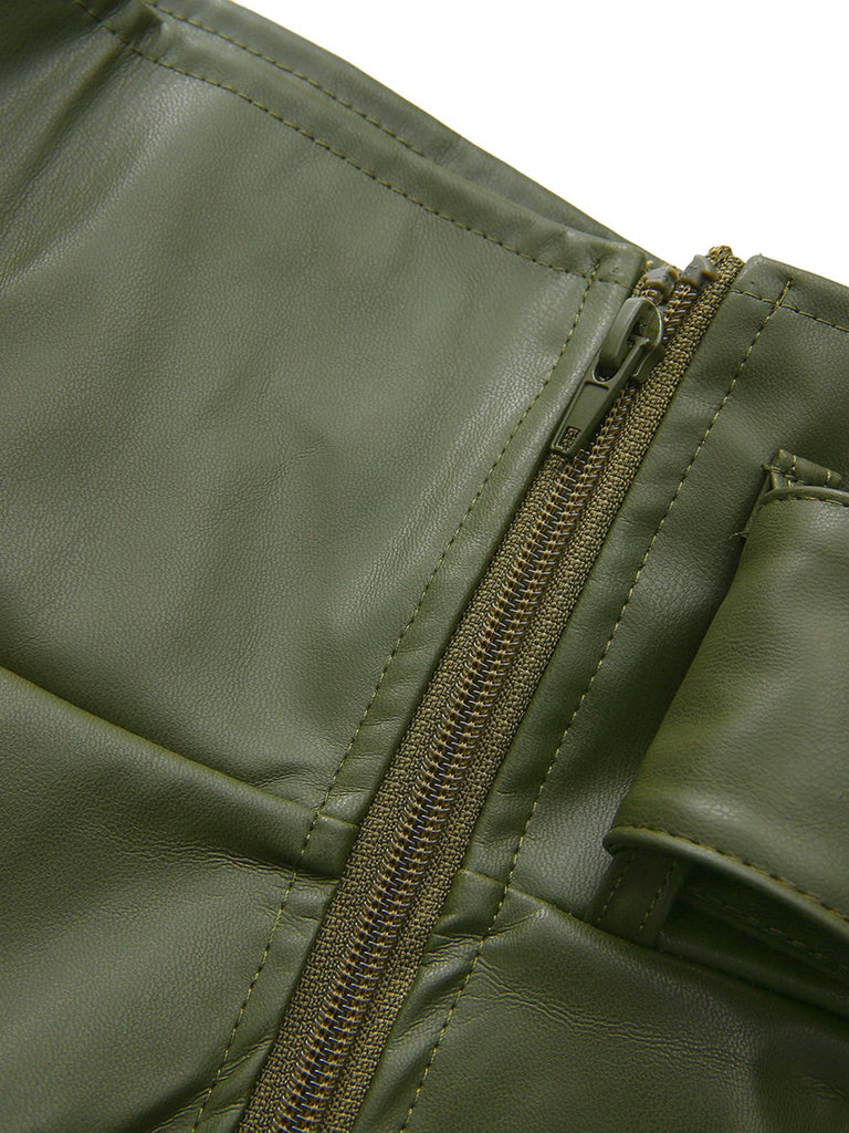 1940s High-Waist Metal Belt PU Leather Wide-Leg Pants