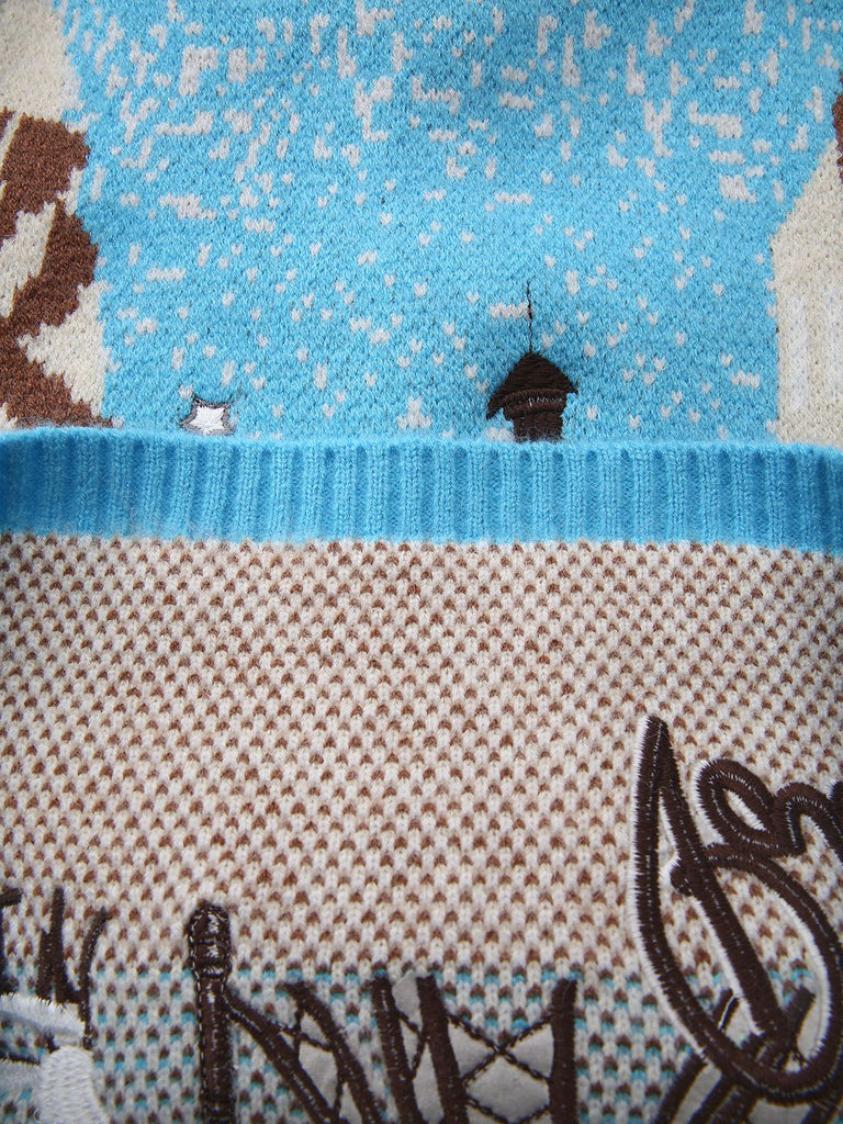 Blue 1970s Landscape Print Lapel Knit Cardigan Sweater