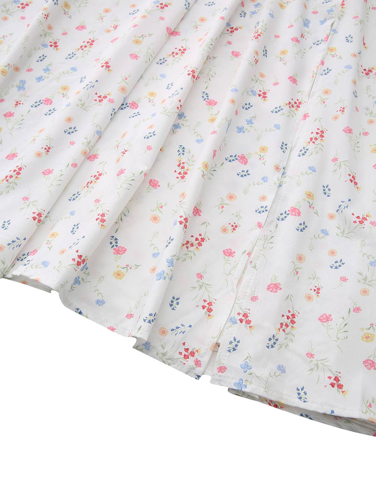 White 1930s Floral Square Neck Puff Sleeve Dress