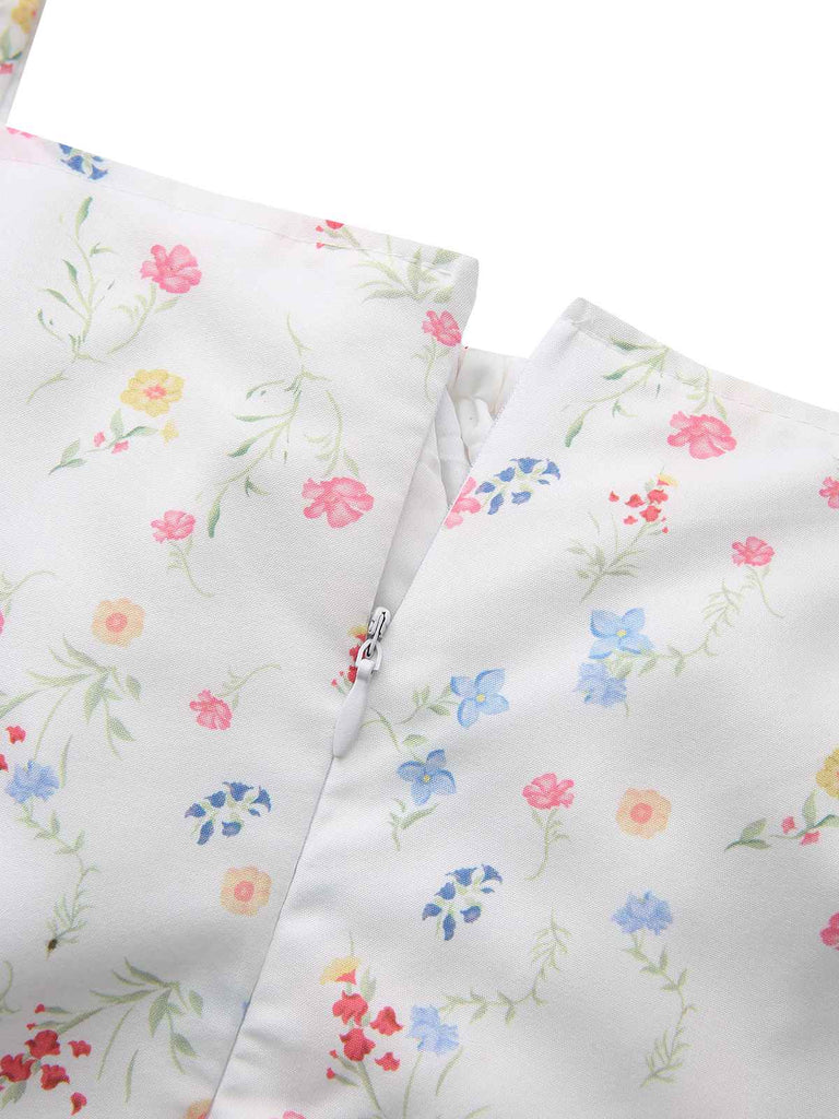 White 1930s Floral Square Neck Puff Sleeve Dress