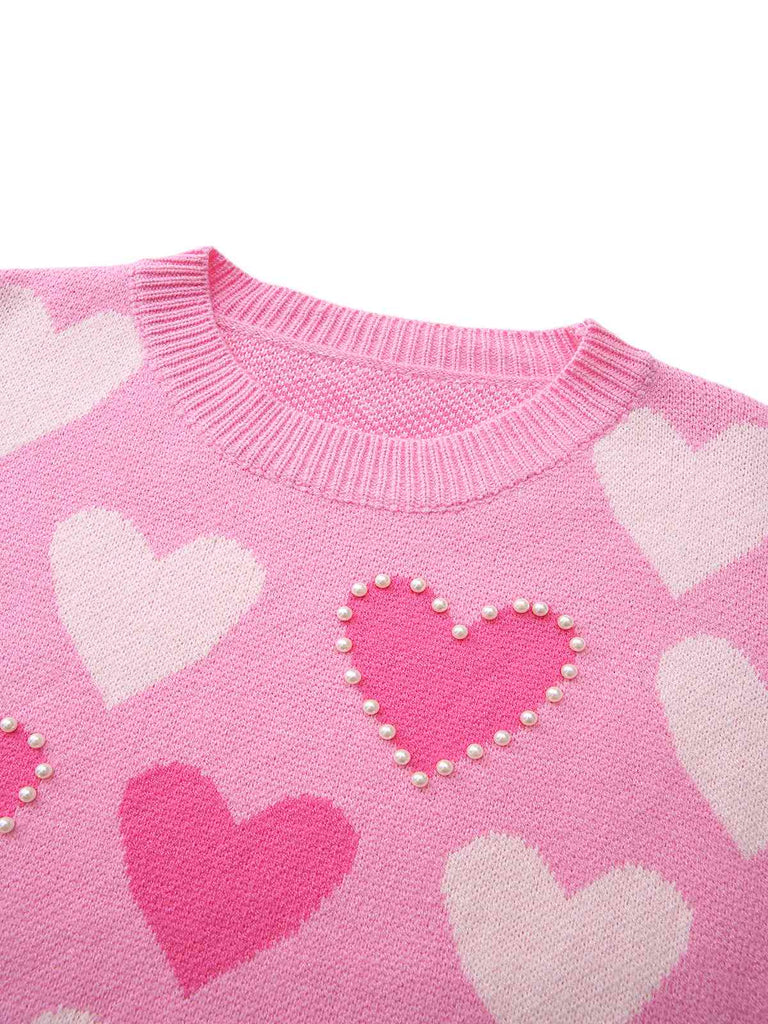 Pink 1950s Valentine's Day Heart Pearl Sweater