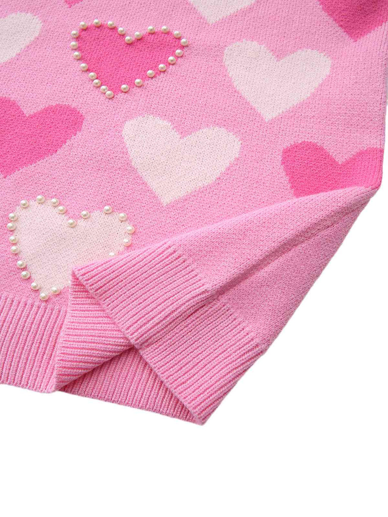 Pink 1950s Valentine's Day Heart Pearl Sweater