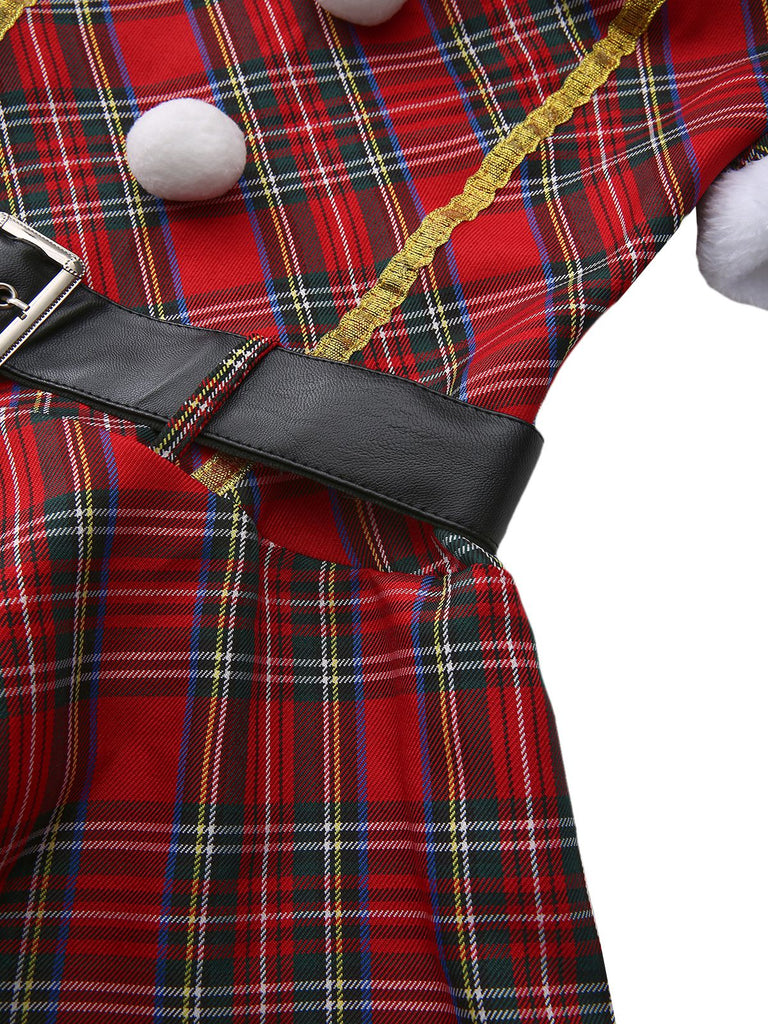 Red 1960s Off-Shoulder Plaid Christmas Dress Set