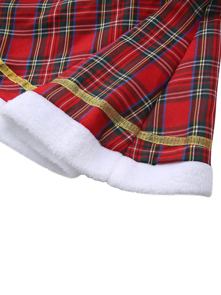 Red 1960s Off-Shoulder Plaid Christmas Dress Set