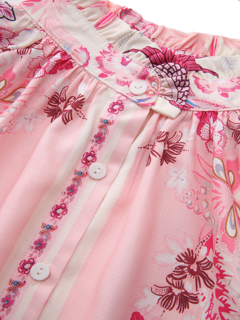 2PCS Pink 1970s Bohemian Floral Blouse & High-Waisted Shorts