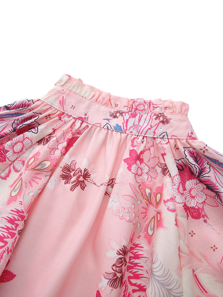 2PCS Pink 1970s Bohemian Floral Blouse & High-Waisted Shorts