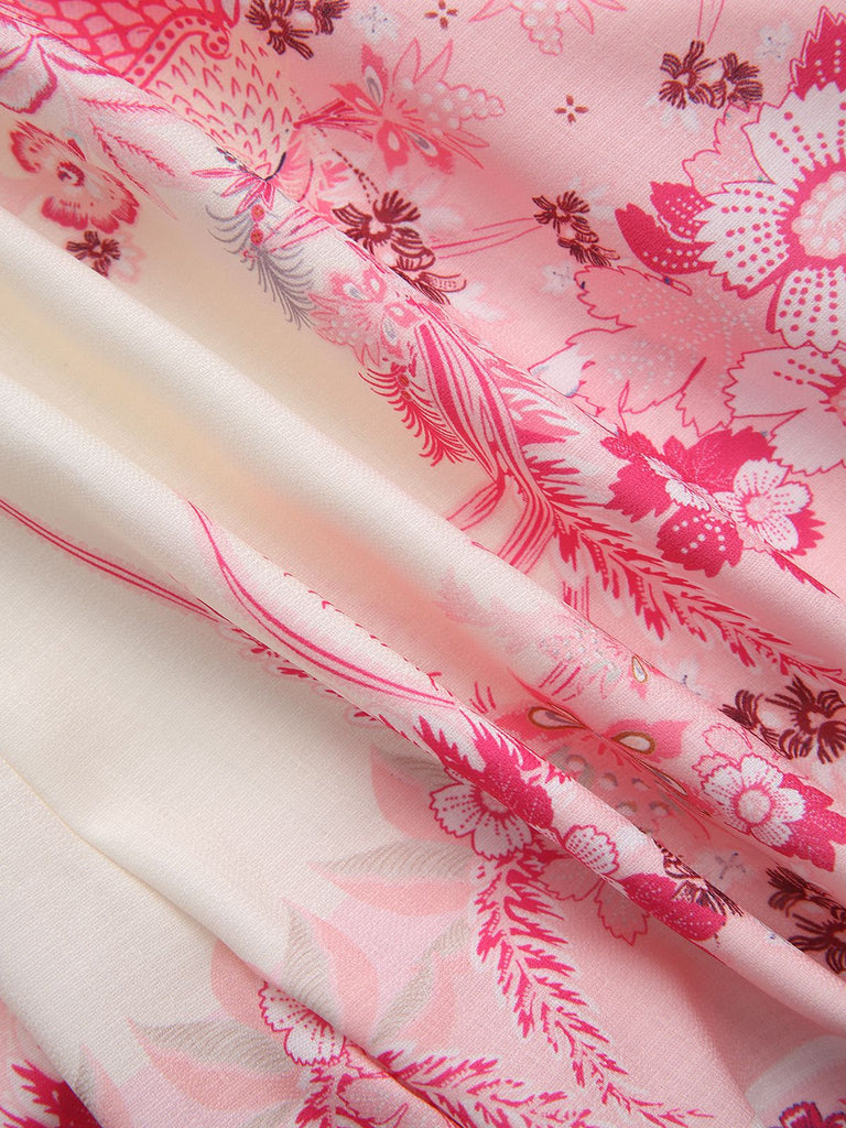 2PCS Pink 1970s Bohemian Floral Blouse & High-Waisted Shorts