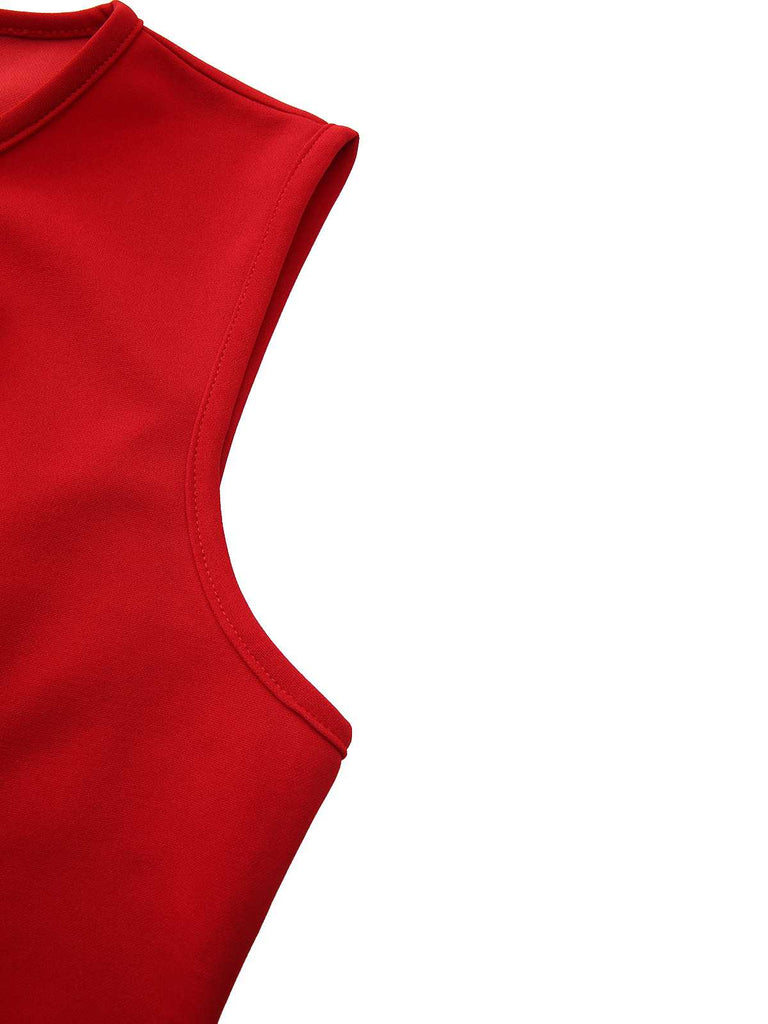 Red 1960s Bow Neck Ruffle Hem Sleeveless Dress