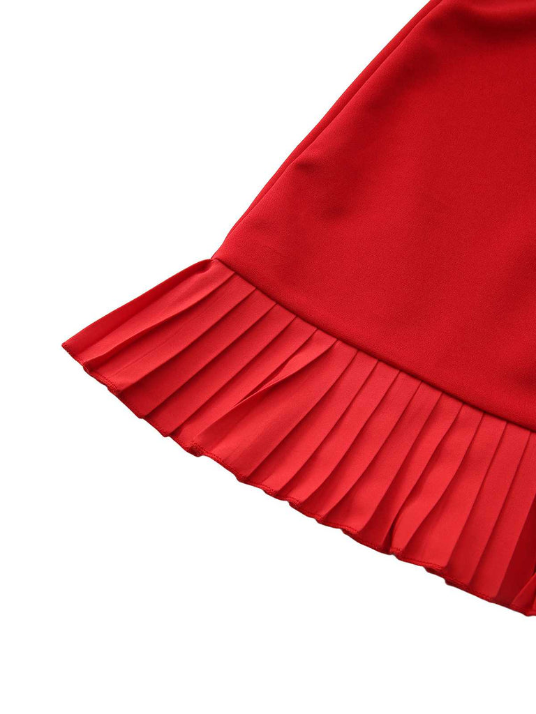 Red 1960s Bow Neck Ruffle Hem Sleeveless Dress
