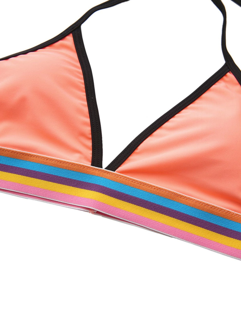 Pink 1940s Rainbow Striped Triangle Bikini Set