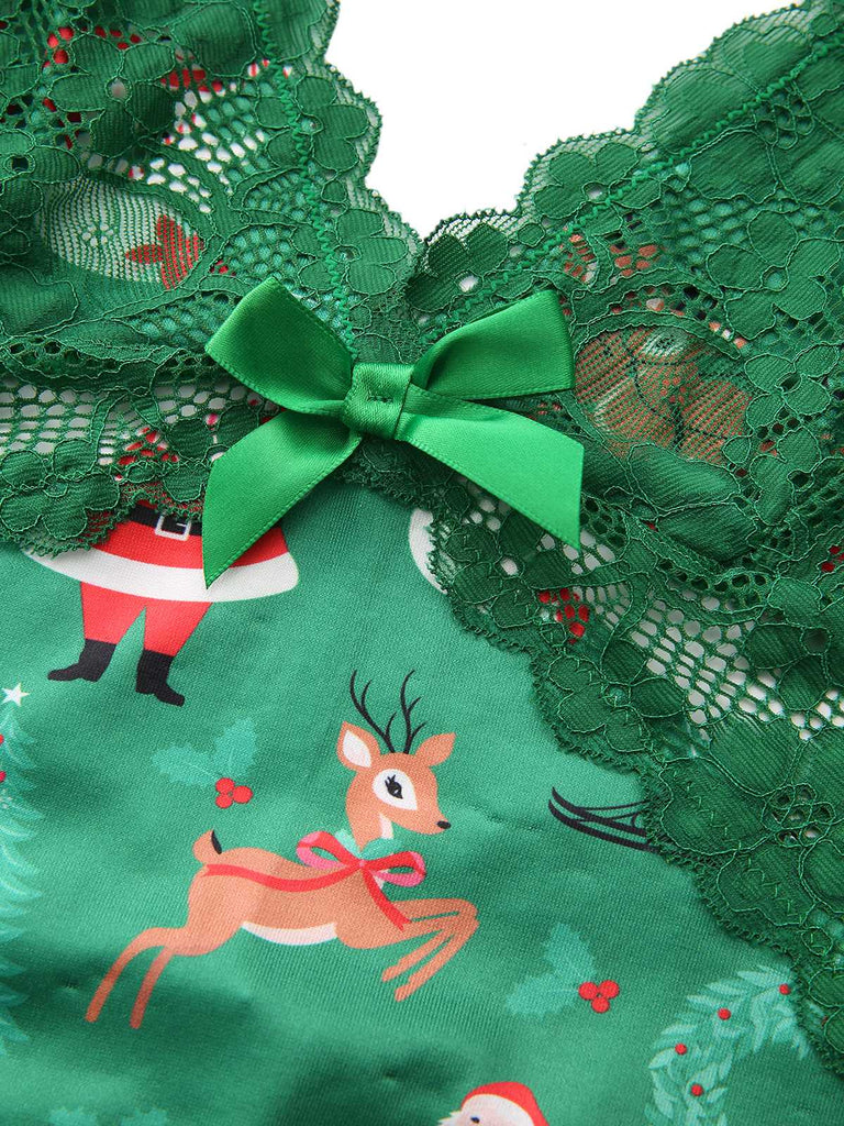 Green 1960s Slip Christmas Print Bow Nightgown