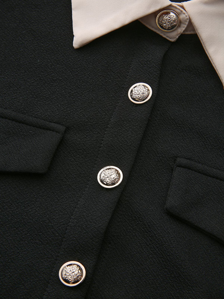 1940s Lapel Color-Block Pleated Swing Dress