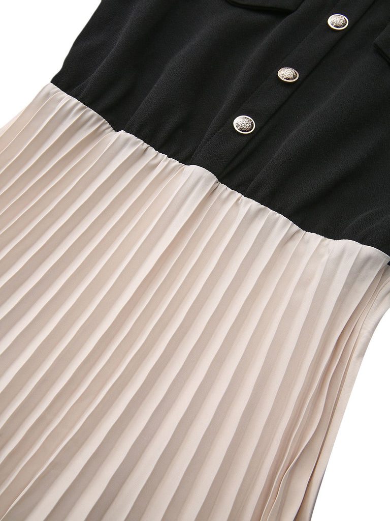 1940s Lapel Color-Block Pleated Swing Dress