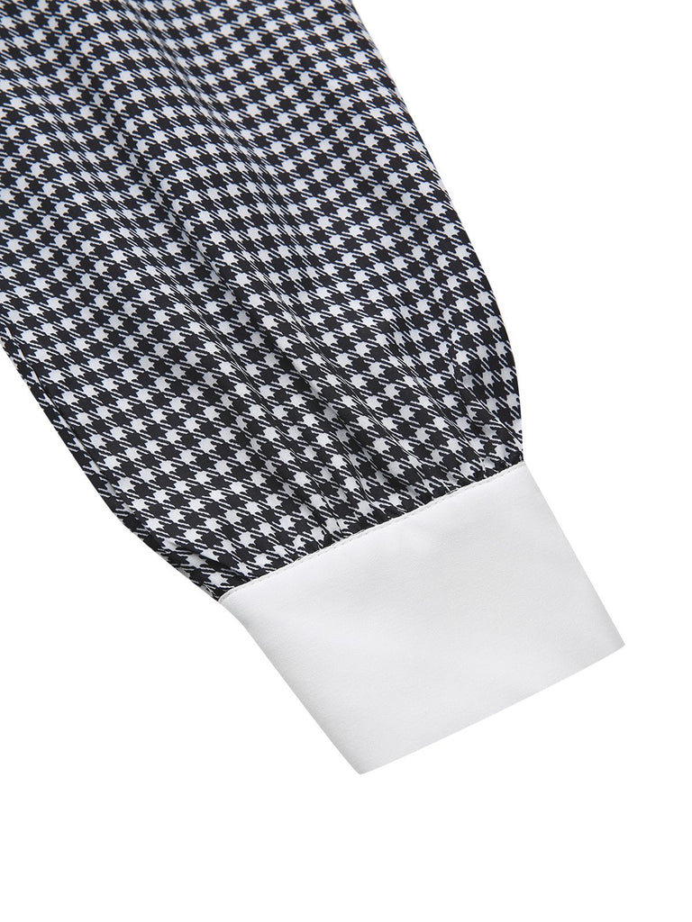 Black 1940s Houndstooth Puff-Sleeves Pearl Button Dress