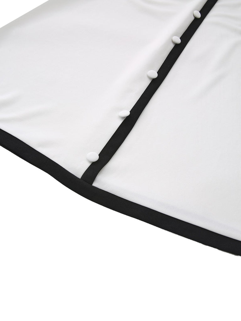 White & Black 1940s Deep V-Neck Notched Button Dress