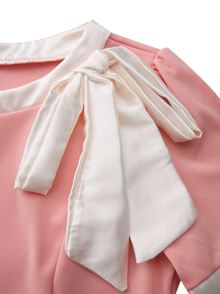 1960s Round Neck Colorblock Bow Bodycon Dress