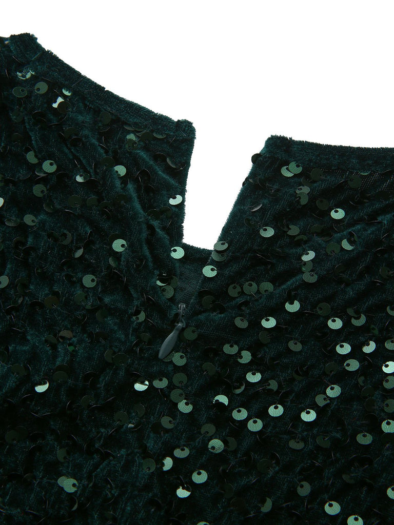 Dark Green 1940s Solid Sequins Long Sleeve Maxi Dress