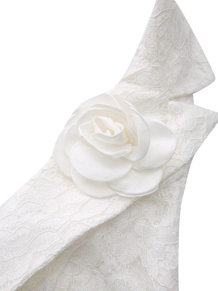 White 1950s Deep V Lace 3D Rose Halter Lapel Dress