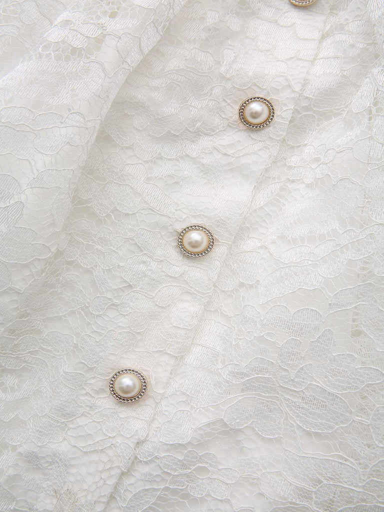 White 1950s Deep V Lace 3D Rose Halter Lapel Dress