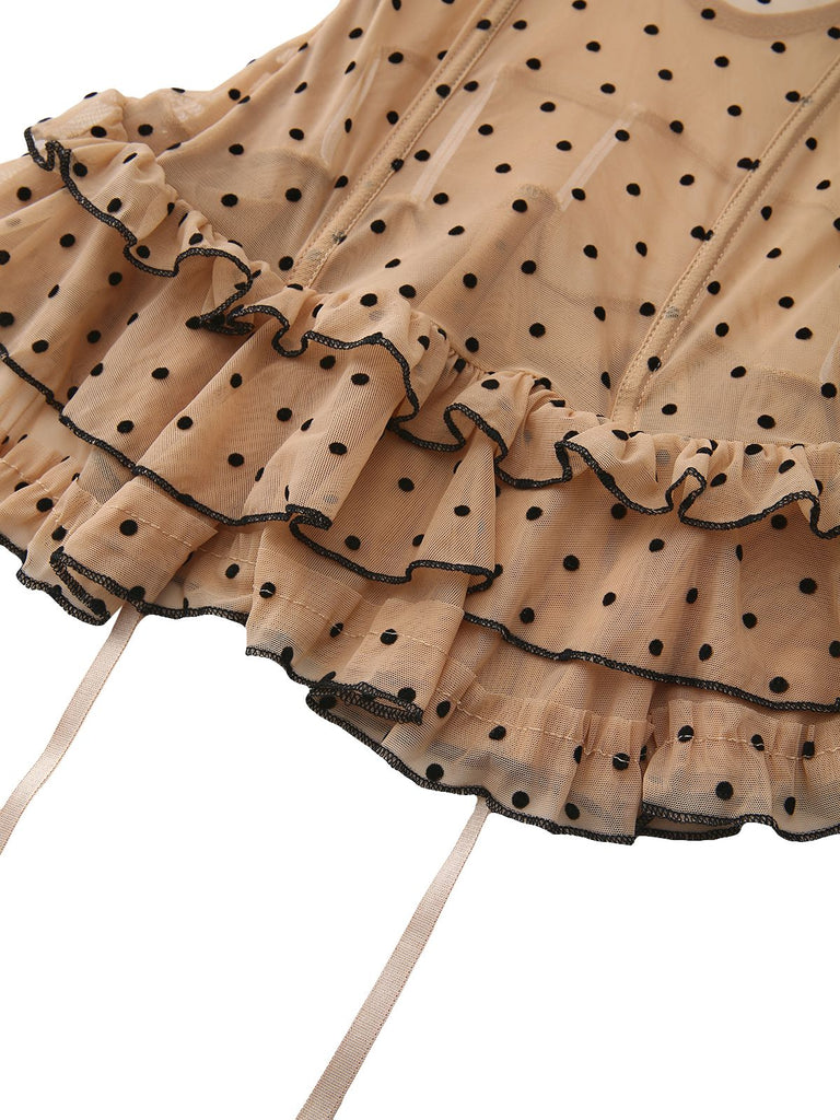 Khaki 1980s Polka Dot Tiered Babydoll Nightdress