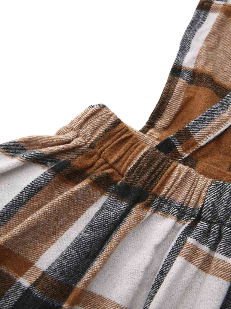 Khaki 1960s Square Neck Plaid Overall Dress