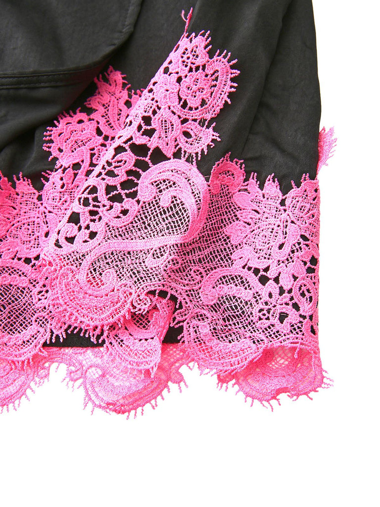 1960s Solid Satin Lace Trim Patchwork Tie Dress