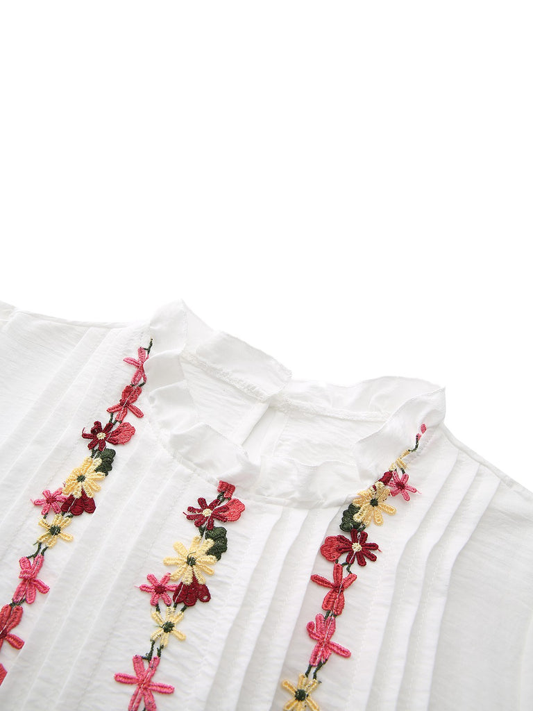 White 1930s Floral Embroidered Ruffled Collar Blouse