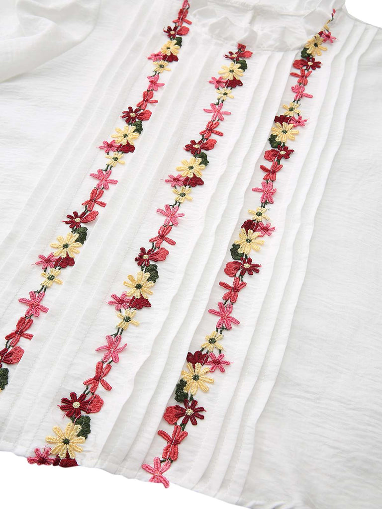 White 1930s Floral Embroidered Ruffled Collar Blouse