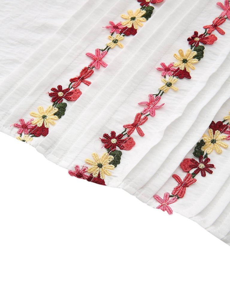 White 1930s Floral Embroidered Ruffled Collar Blouse