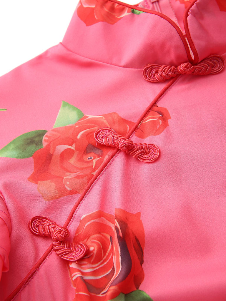 Pink 1930s Rose Ruffle-Sleeve High-Neck Maxi Dress