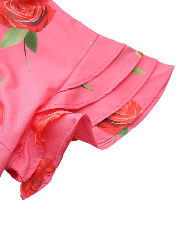 Pink 1930s Rose Ruffle-Sleeve High-Neck Maxi Dress